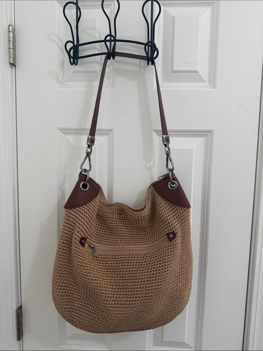 The Sak Tan Woven Hobo with Brown Trim Strap